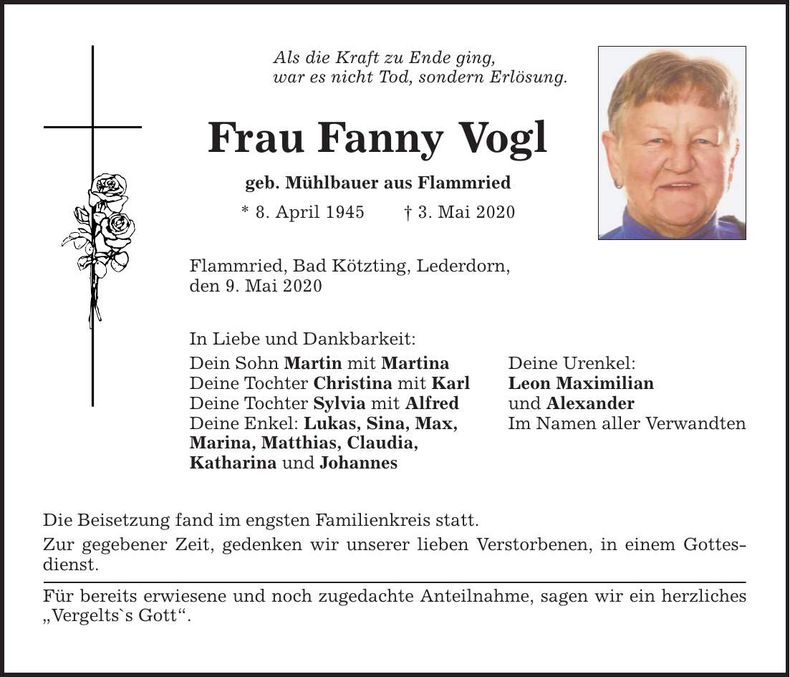 Traueranzeige Fanny Vogl