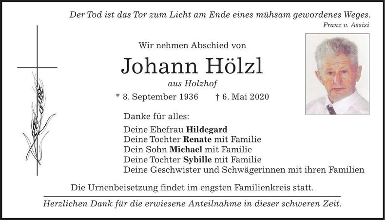 Traueranzeige Johann Hölzl