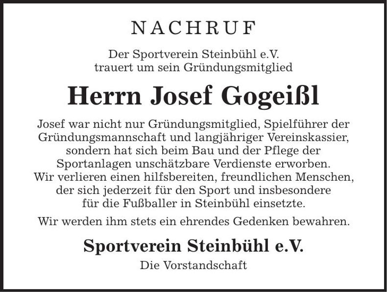 Traueranzeige Josef Gogeißl