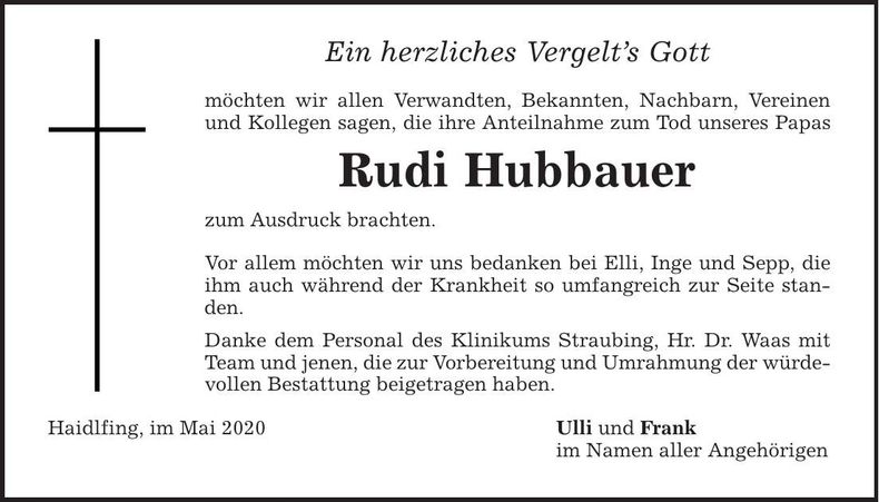 Traueranzeige Rudi Hubbauer