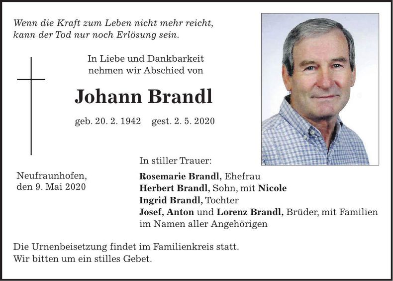 Traueranzeige Johann Brandl