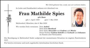 Traueranzeige Mathilde Spies