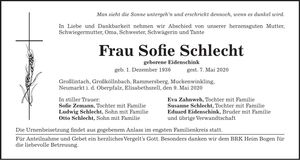 Traueranzeige Sofie Schlecht