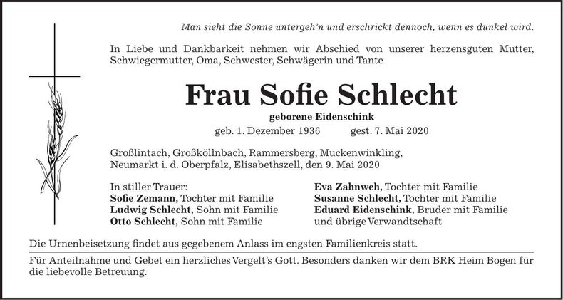 Traueranzeige Sofie Schlecht