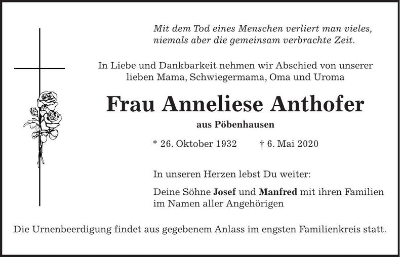 Traueranzeige Anneliese Anthofer