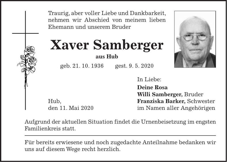 Traueranzeige Xaver Samberger