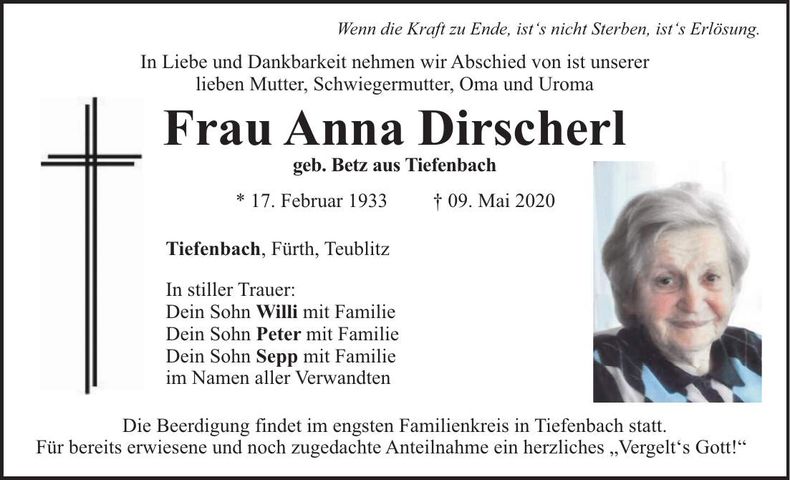 Traueranzeige Anna Dirscherl