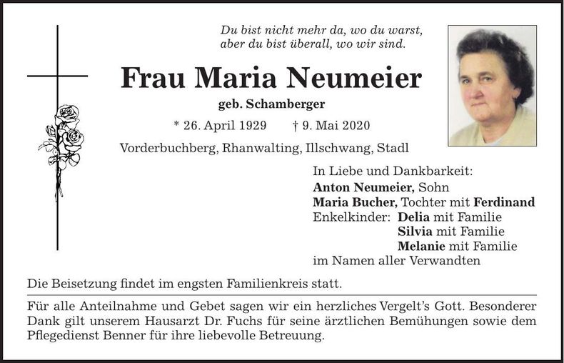 Traueranzeige Maria Neumeier