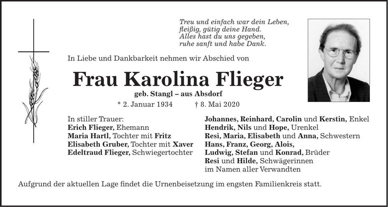 Traueranzeige Karolina Flieger