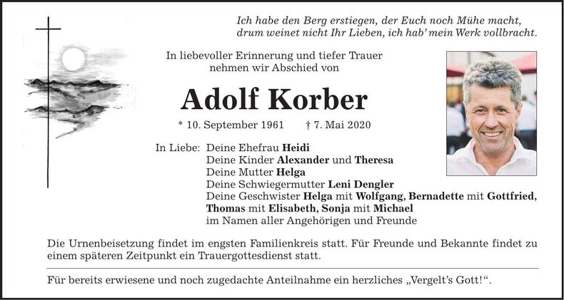 Traueranzeige Adolf Korber