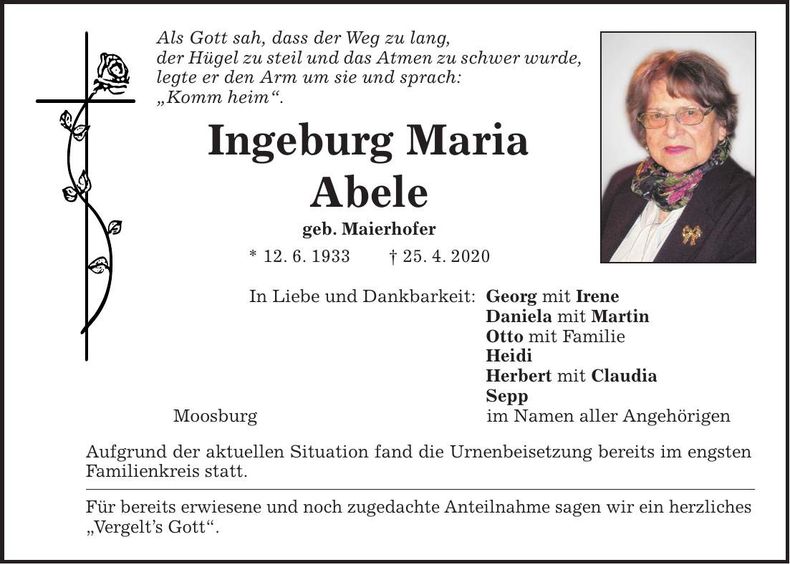 Traueranzeige Ingeburg Maria Abele