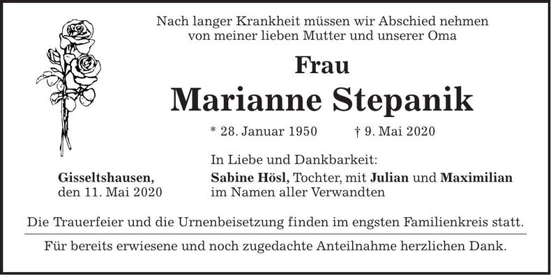 Traueranzeige Marianne Stepanik