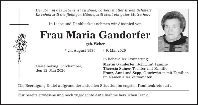 Traueranzeige Maria Gandorfer