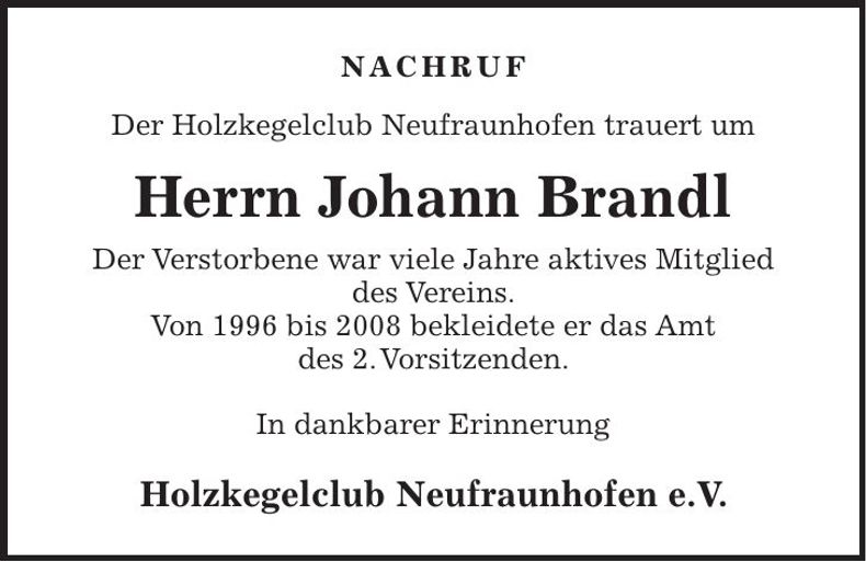 Traueranzeige Johann Brandl