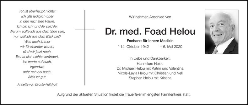 Traueranzeige Foad Dr. med. Helou