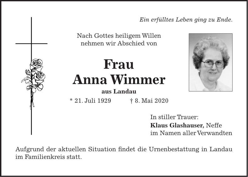 Traueranzeige Anna Wimmer