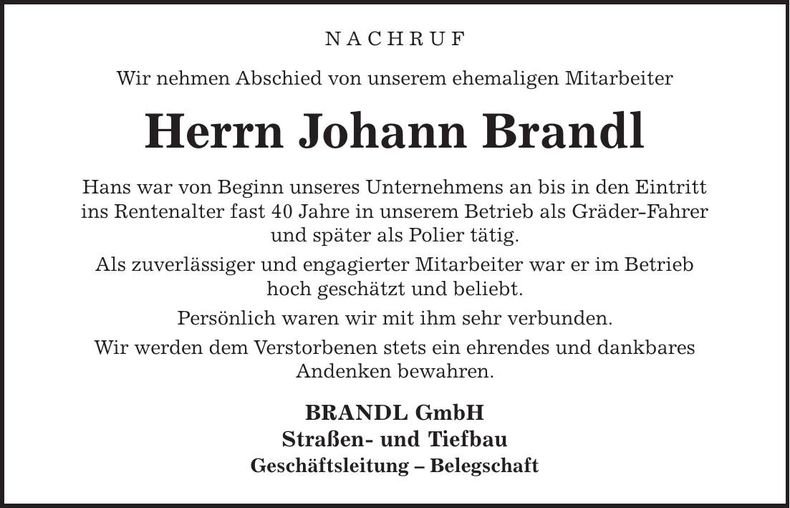 Traueranzeige Johann Brandl