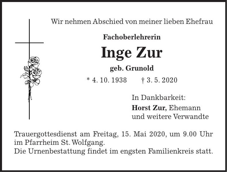 Traueranzeige Inge Zur