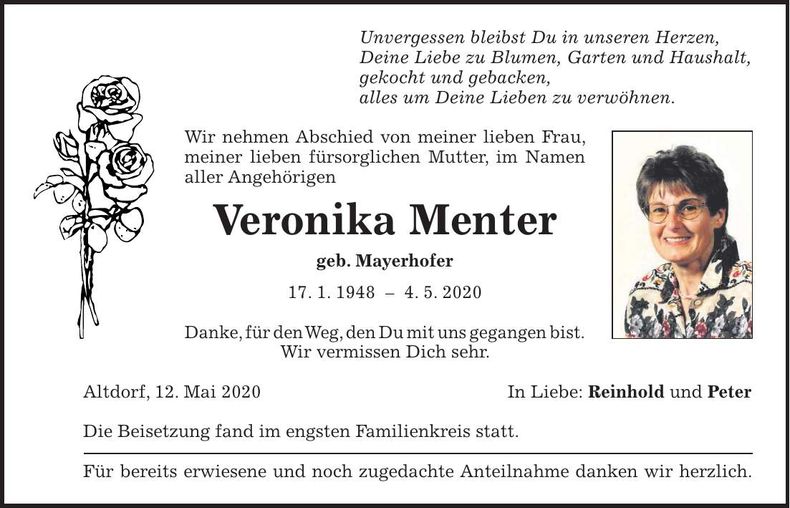 Traueranzeige Veronika Menter