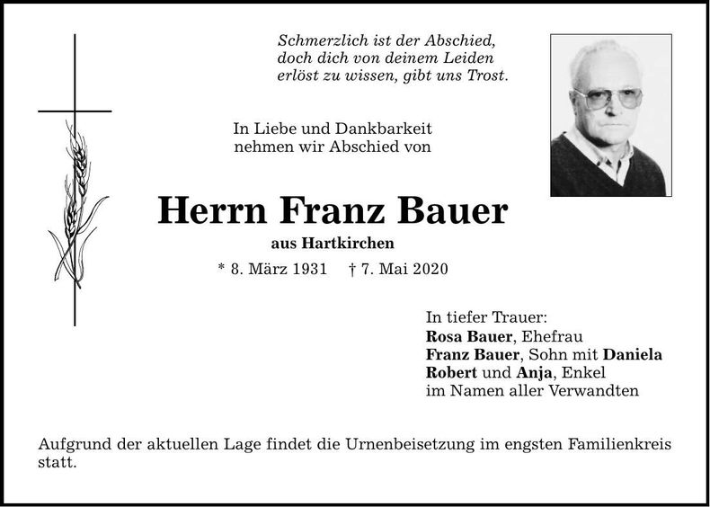Traueranzeige Franz Bauer