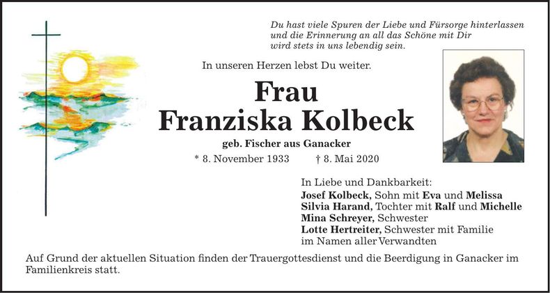Traueranzeige Franziska Kolbeck