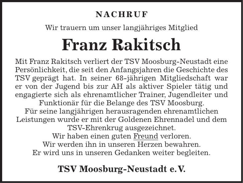 Traueranzeige Franz Rakitsch