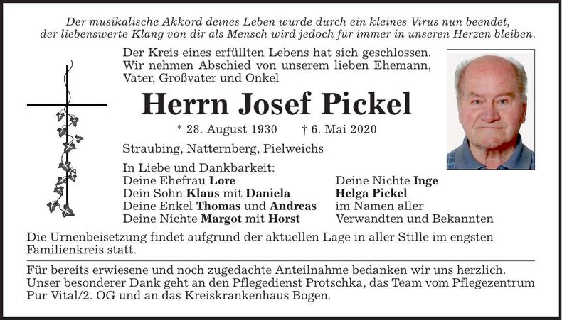 Traueranzeige Josef Pickel