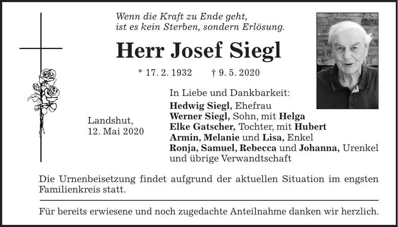Traueranzeige Josef Siegl