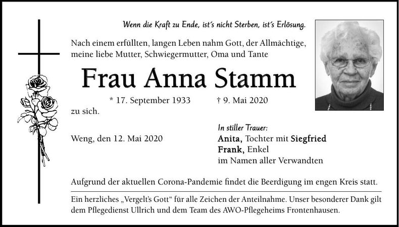 Traueranzeige Anna Stamm