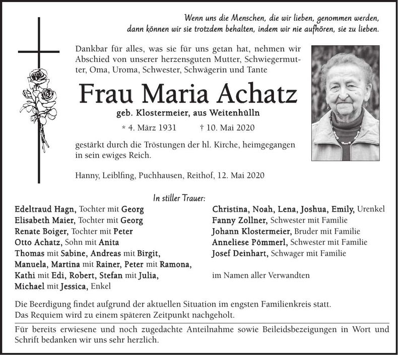 Traueranzeige Maria Achatz