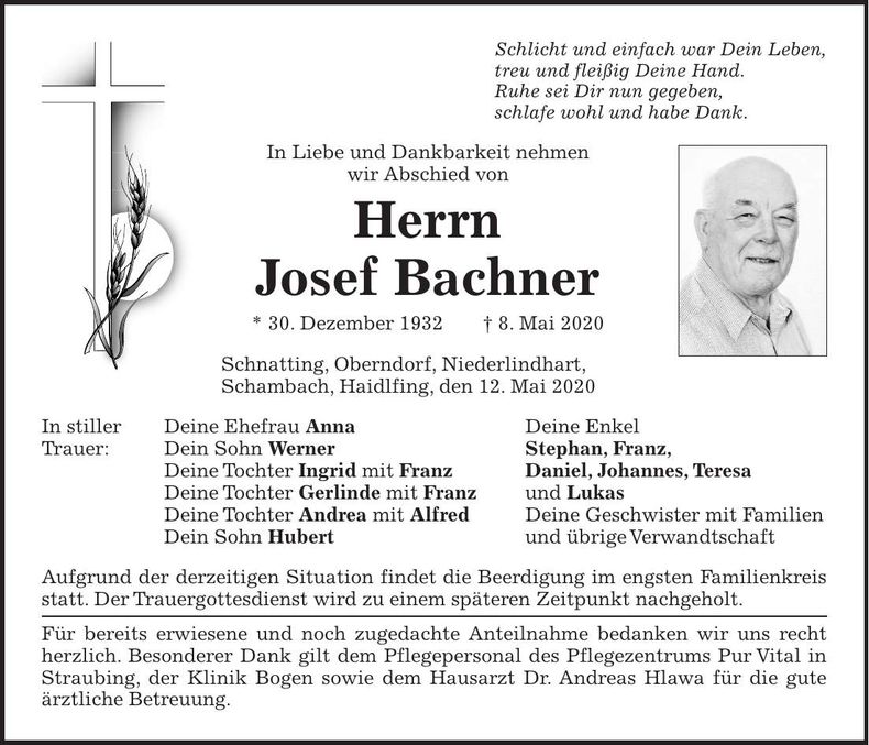 Traueranzeige Josef Bachner