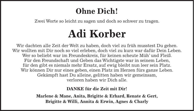 Traueranzeige Adi Korber