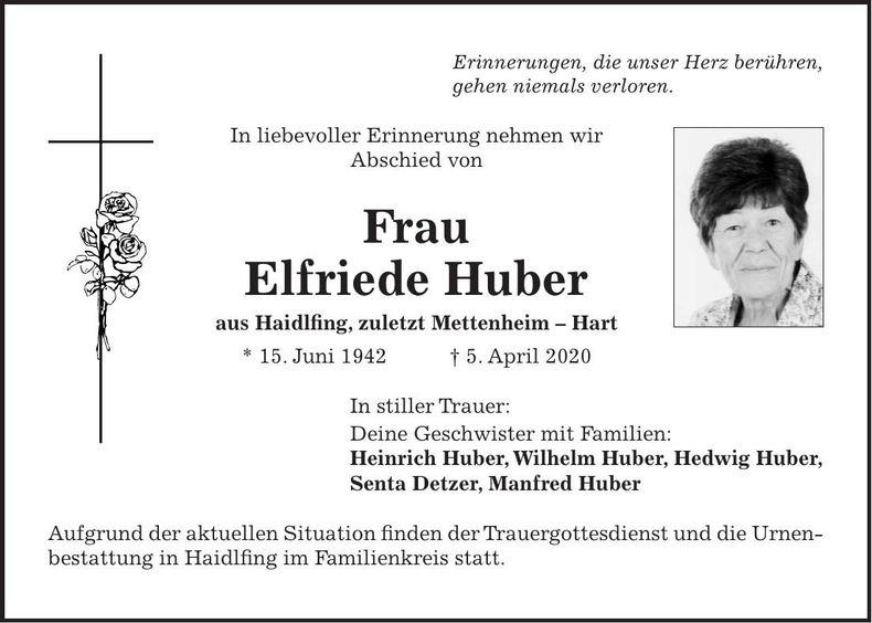 Traueranzeige Elfriede Huber