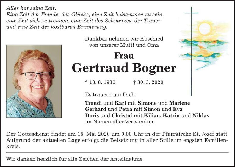 Traueranzeige Gertraud Bogner