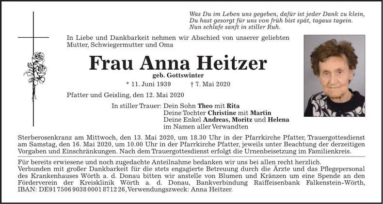 Traueranzeige Anna Heitzer