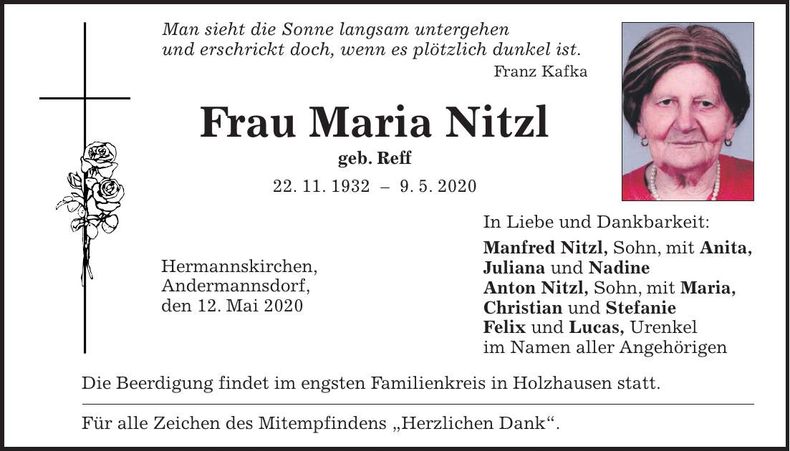 Traueranzeige Maria Nitzl