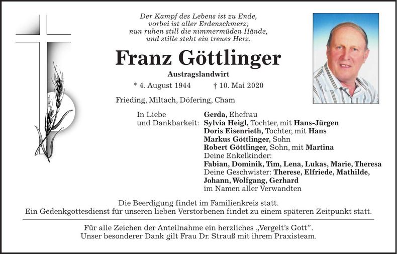 Traueranzeige Franz Göttlinger
