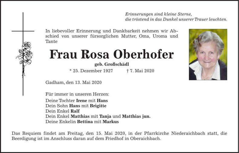 Traueranzeige Rosa Oberhofer