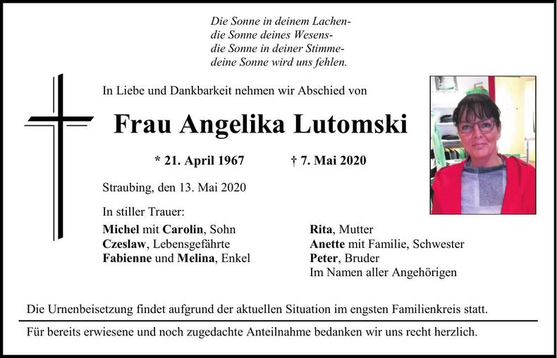 Traueranzeige Angelika Lutomski