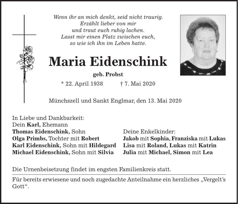 Traueranzeige Maria Eidenschink