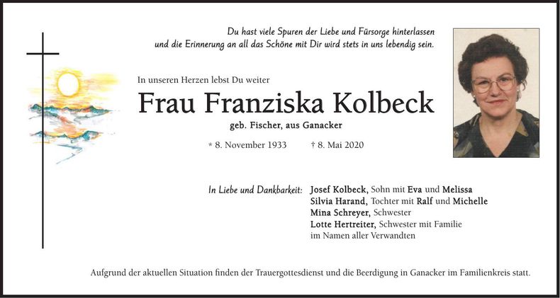 Traueranzeige Franziska Kolbeck