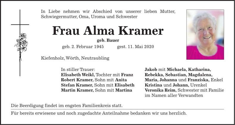 Traueranzeige Alma Kramer