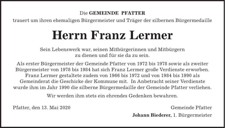 Traueranzeige Franz Lermer