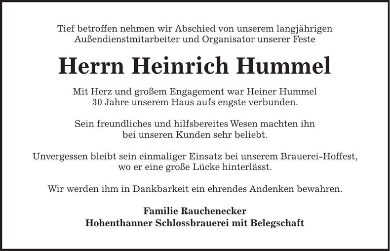 Traueranzeige Heinrich Hummel