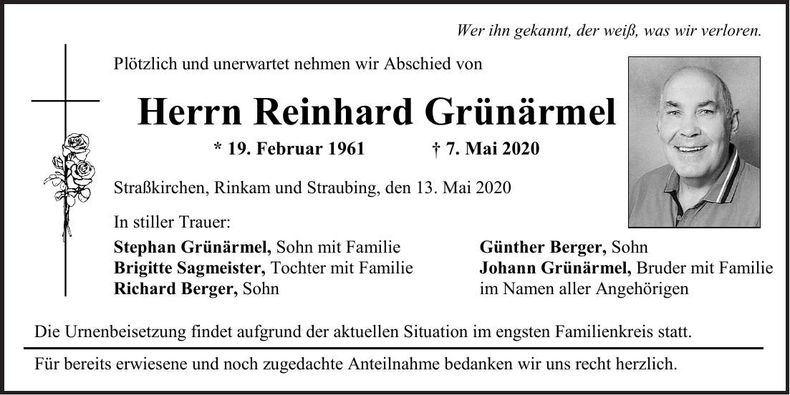 Traueranzeige Reinhard Grünärmel