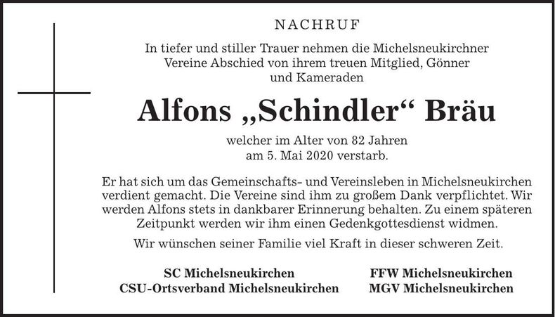 Traueranzeige Alfons Bräu