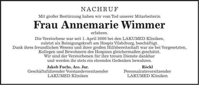 Traueranzeige Annemarie Wimmer