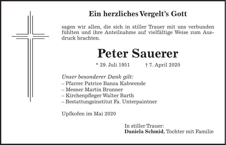 Traueranzeige Peter Sauerer
