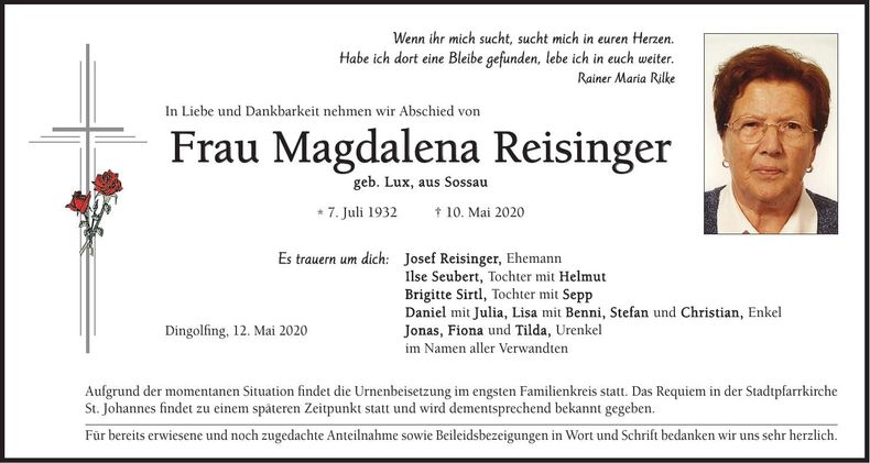 Traueranzeige Magdalena Reisinger