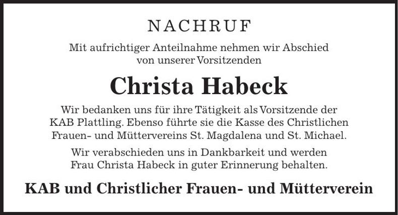 Traueranzeige Christa Habeck
